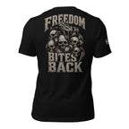 Freedom Bites Back serpent skull back print black tee from Infidel Collective
