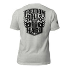 Freedom Rolls Hard motorcycle back print gray tee from Infidel Collective