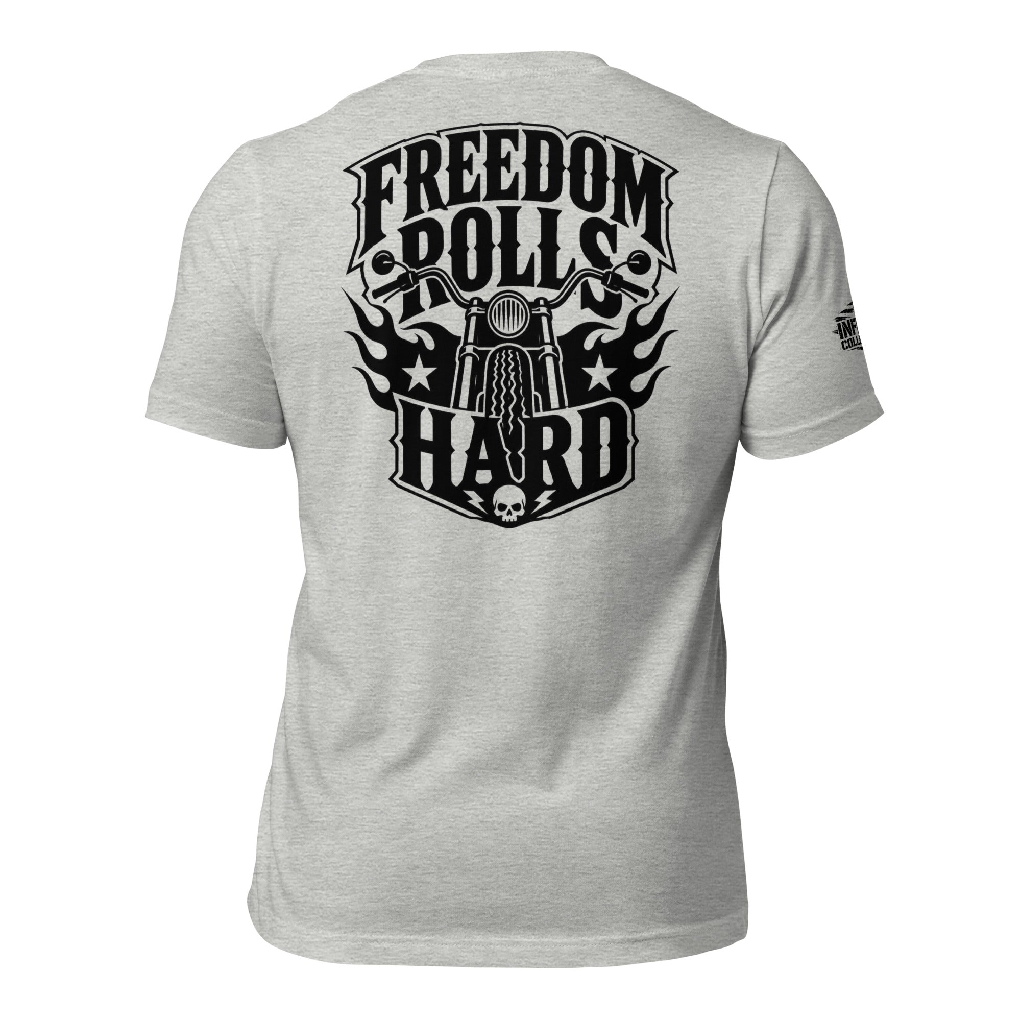 Freedom Rolls Hard motorcycle back print gray tee from Infidel Collective