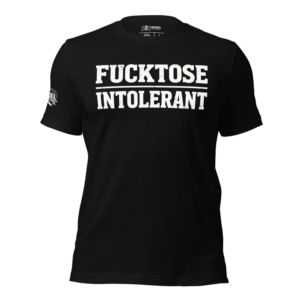 Black tee with F_cktose Intolerant front print in large distressed white lettering