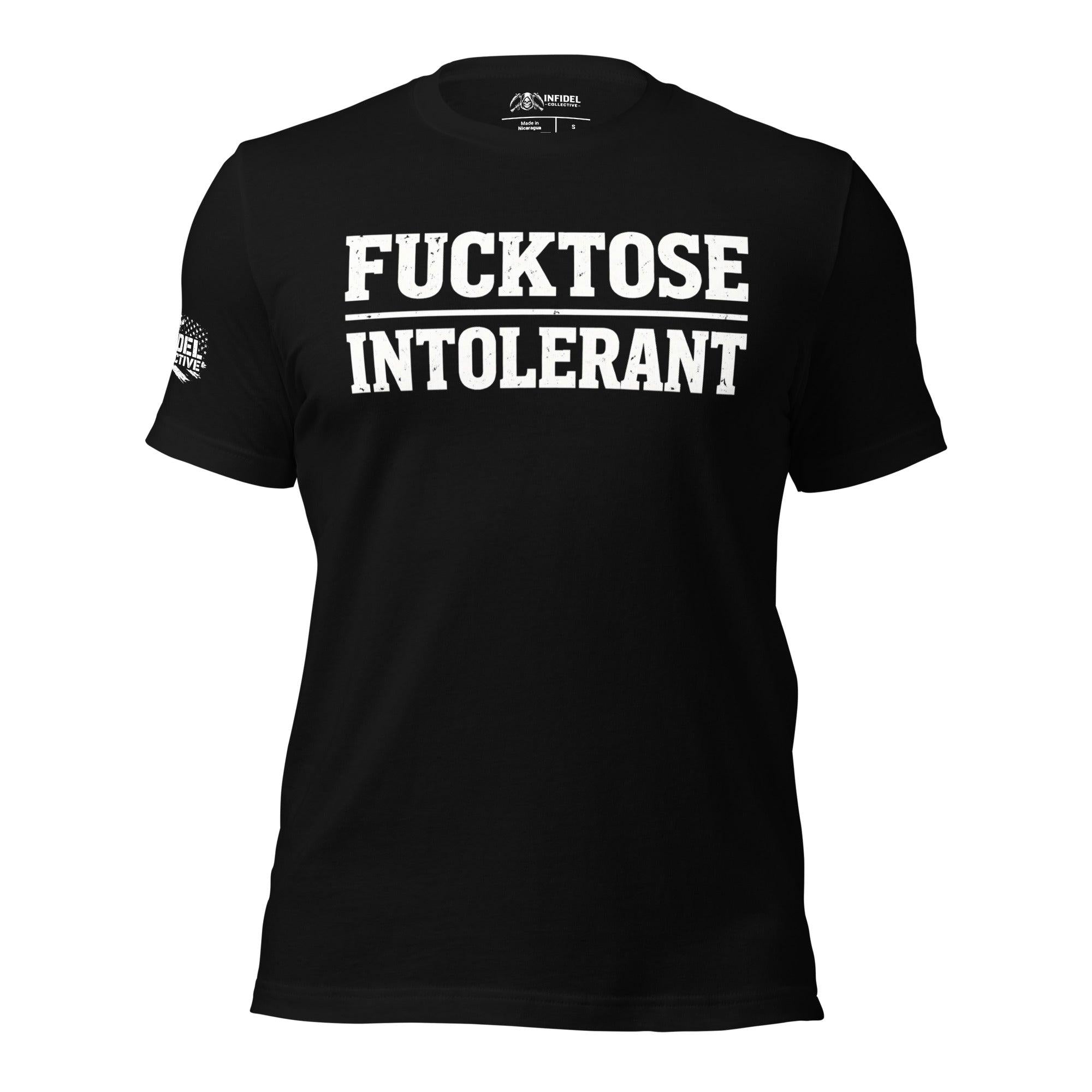 Black tee with F_cktose Intolerant front print in large distressed white lettering