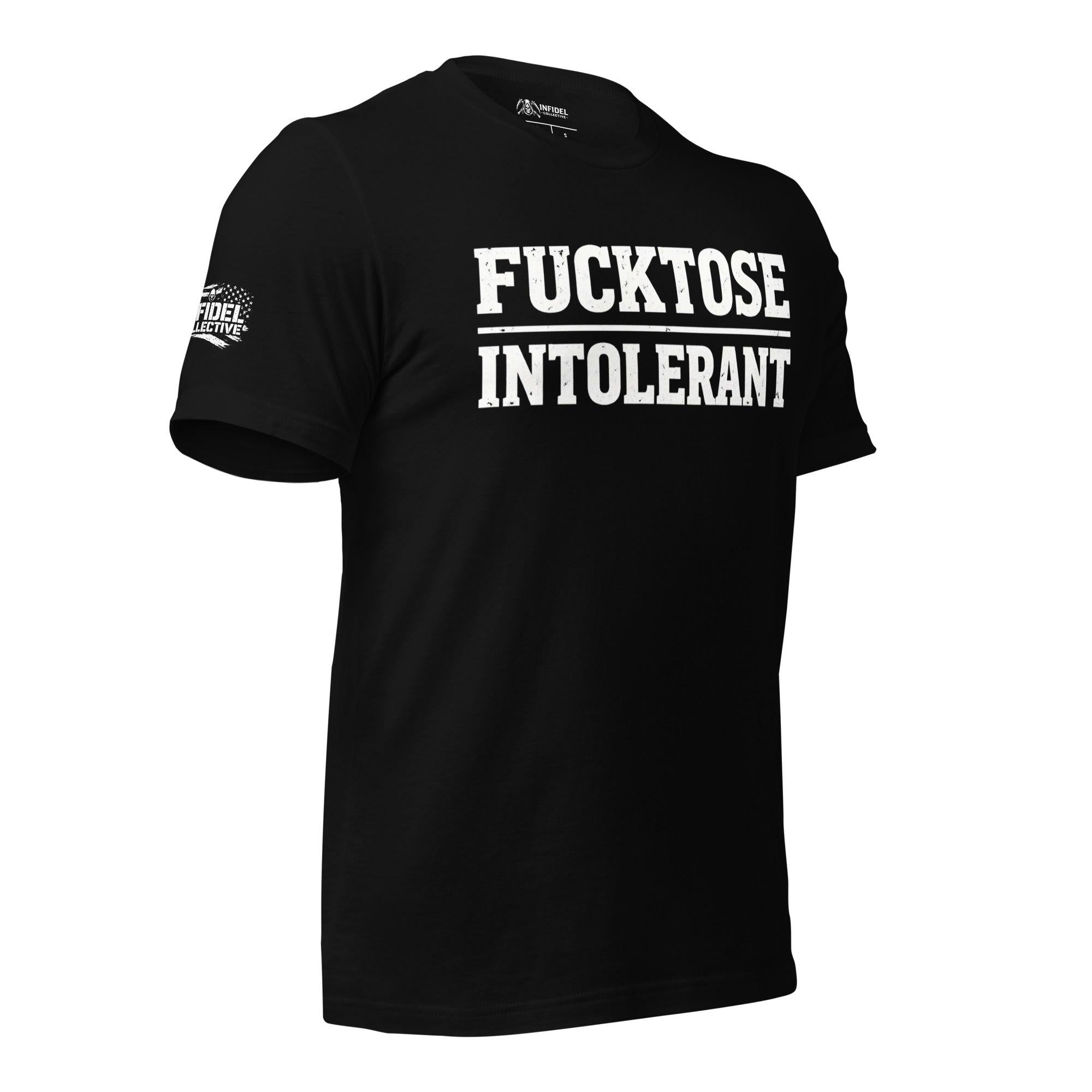 Black tee with F_cktose Intolerant front print in large distressed white lettering