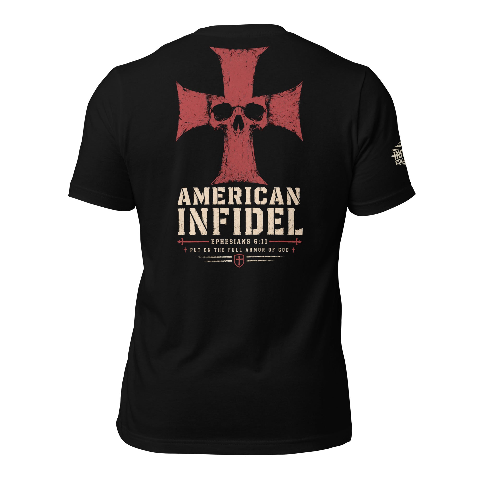 Full Armor American Infidel crimson cross back print black tee from Infidel Collective