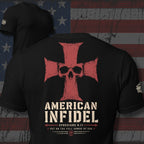 Full Armor American Infidel crimson cross back print black tee from Infidel Collective