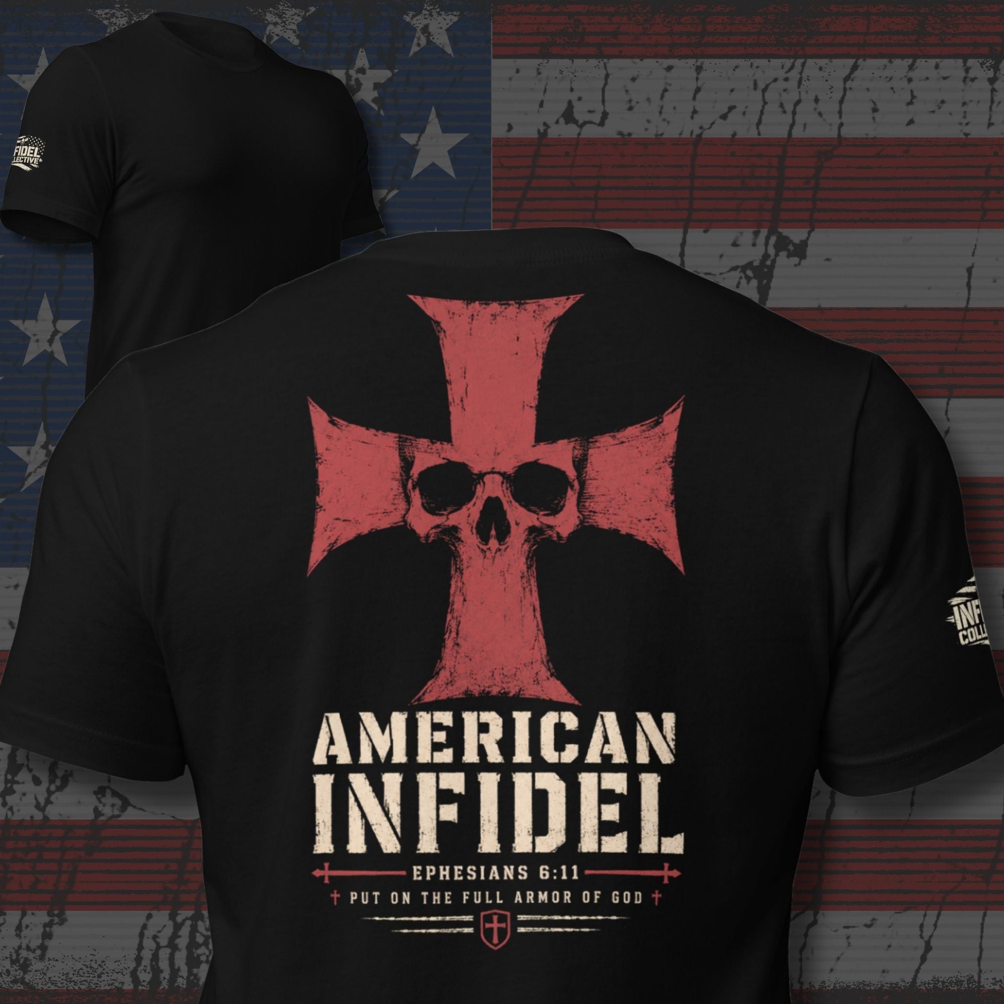 Full Armor American Infidel crimson cross back print black tee from Infidel Collective