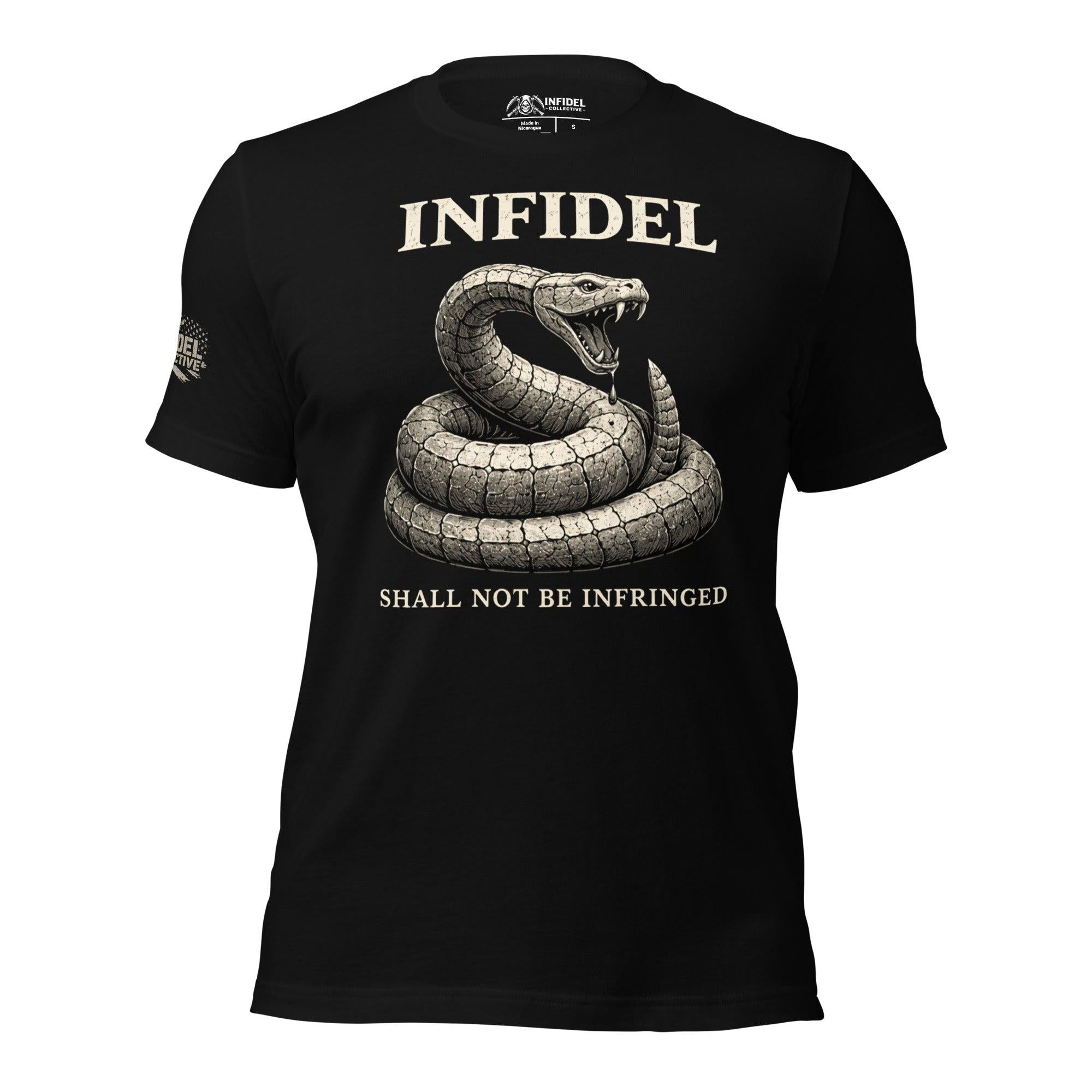 Gadsden Stone Infidel rattlesnake graphic black tee from Infidel Collective