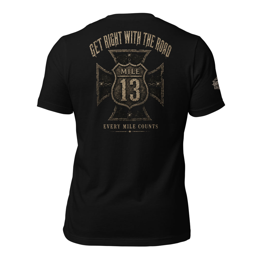 Get Right With the Road Mile 13 iron cross back print black tee from Infidel Collective