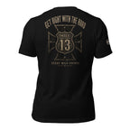 Get Right With the Road Mile 13 iron cross back print black tee from Infidel Collective