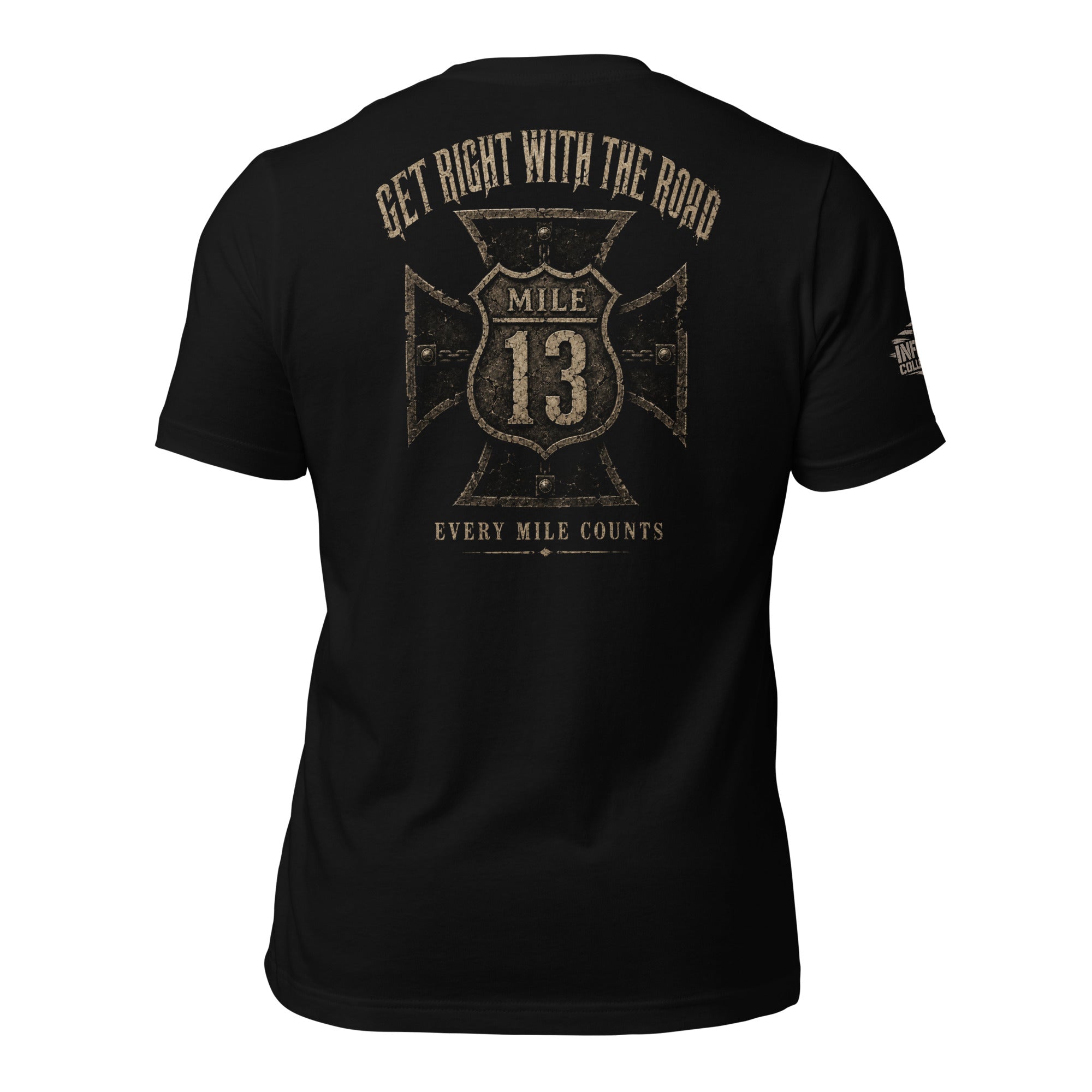 Get Right With the Road Mile 13 iron cross back print black tee from Infidel Collective