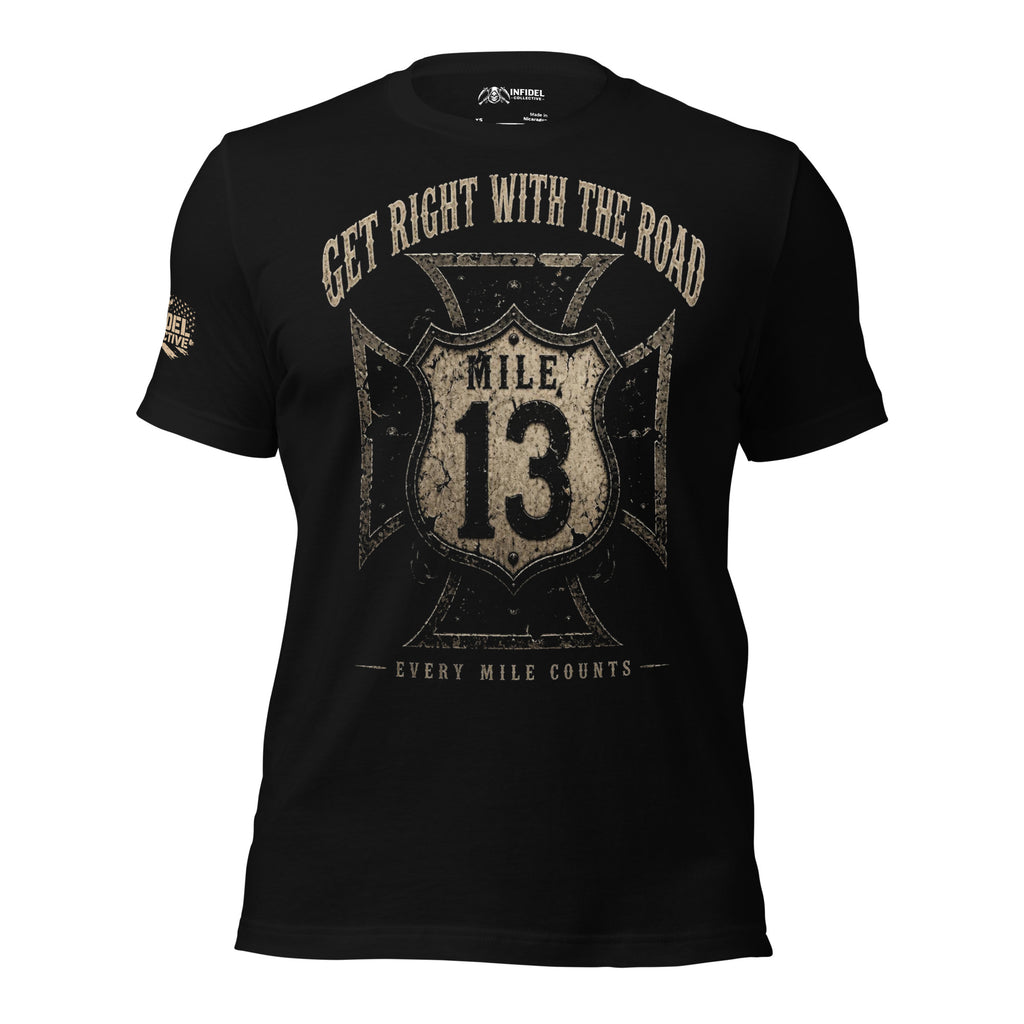 Get Right With the Road Mile 13 iron cross graphic black tee from Infidel Collective