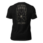 Get Right With the Road Roll Hard skull helmet back print black tee from Infidel Collective