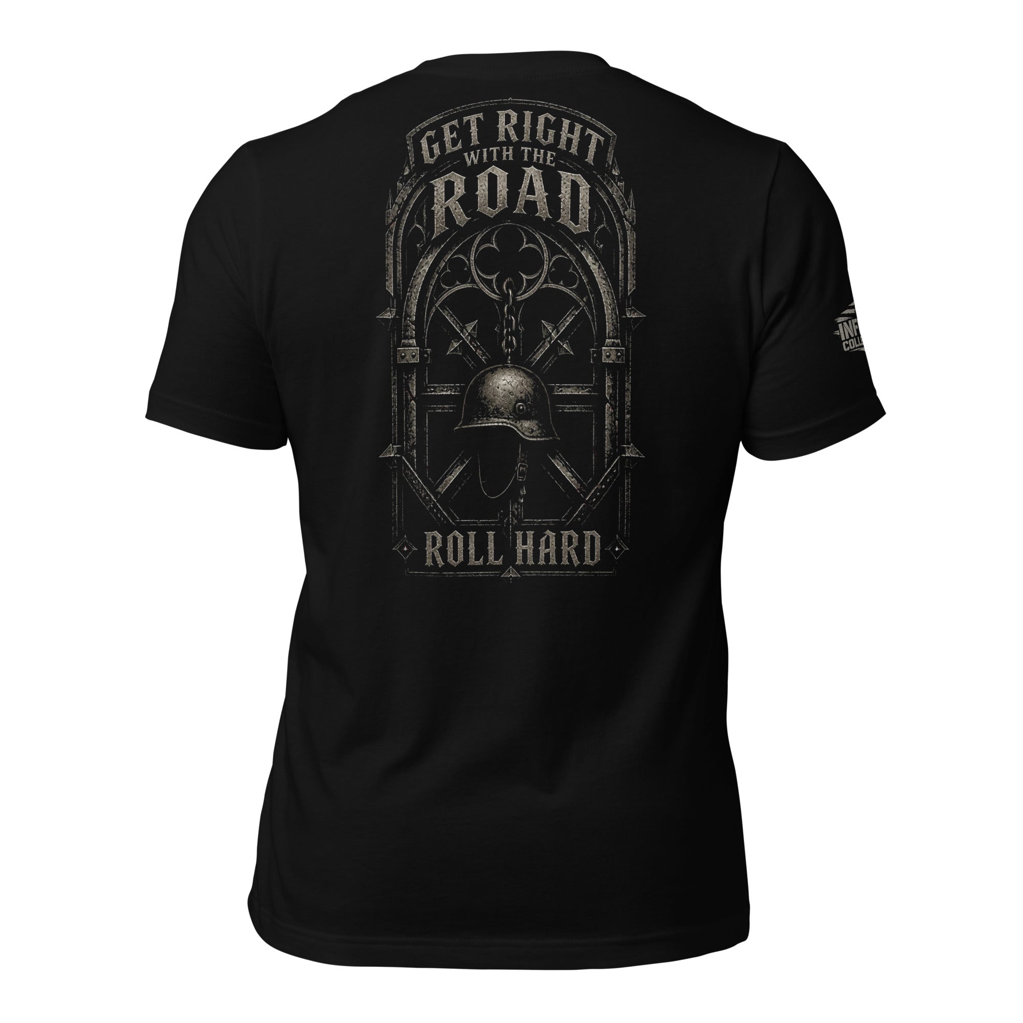 Get Right With the Road Roll Hard skull helmet back print black tee from Infidel Collective
