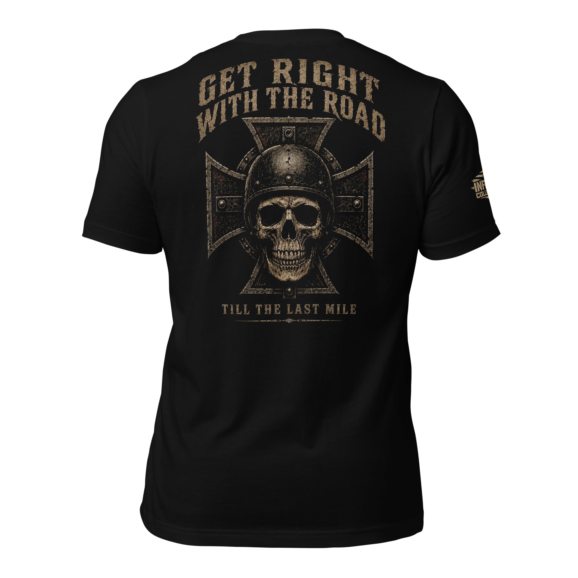 Get Right With the Road skull back print black tee from Infidel Collective