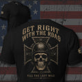 Get Right with the Road helmet skull and iron cross with Till the Last Mile design back print black tee from Infidel Collective