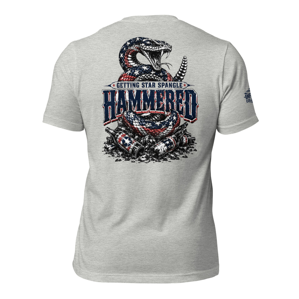 Getting Star Spangle Hammered back print graphic on athletic heather tee featuring a patriotic rattlesnake above crushed beer cans and distressed lettering