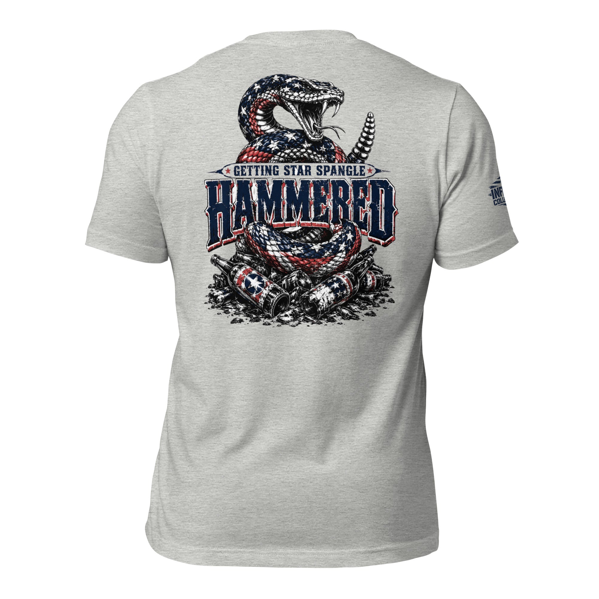 Getting Star Spangle Hammered back print graphic on athletic heather tee featuring a patriotic rattlesnake above crushed beer cans and distressed lettering