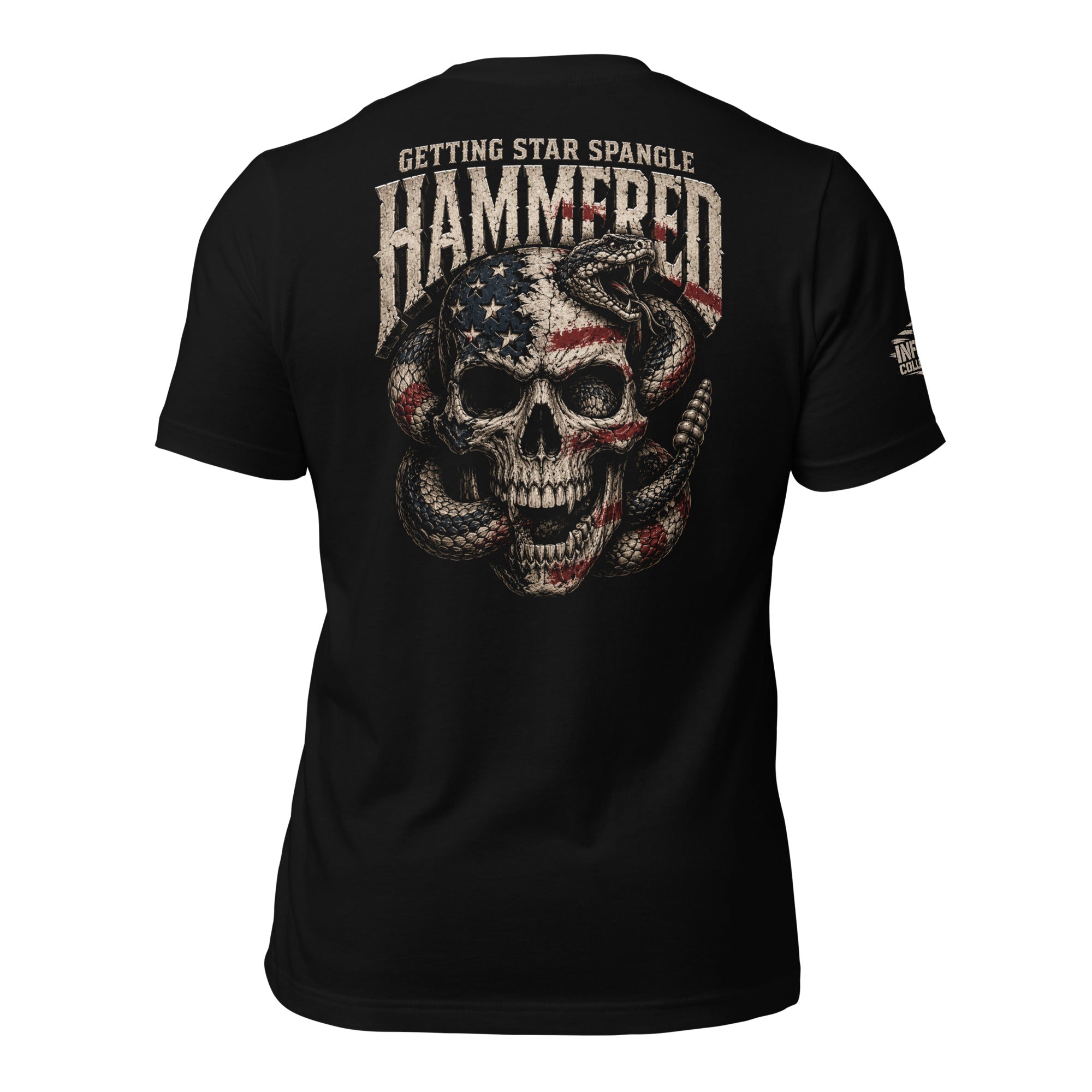 Getting Star Spangle Hammered back print graphic on black tee featuring an American flag skull wrapped in a rattlesnake with distressed lettering