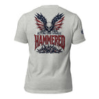 Getting Star Spangle Hammered back print graphic on athletic heather tee featuring a skull with American flag wings above a pile of beer bottles