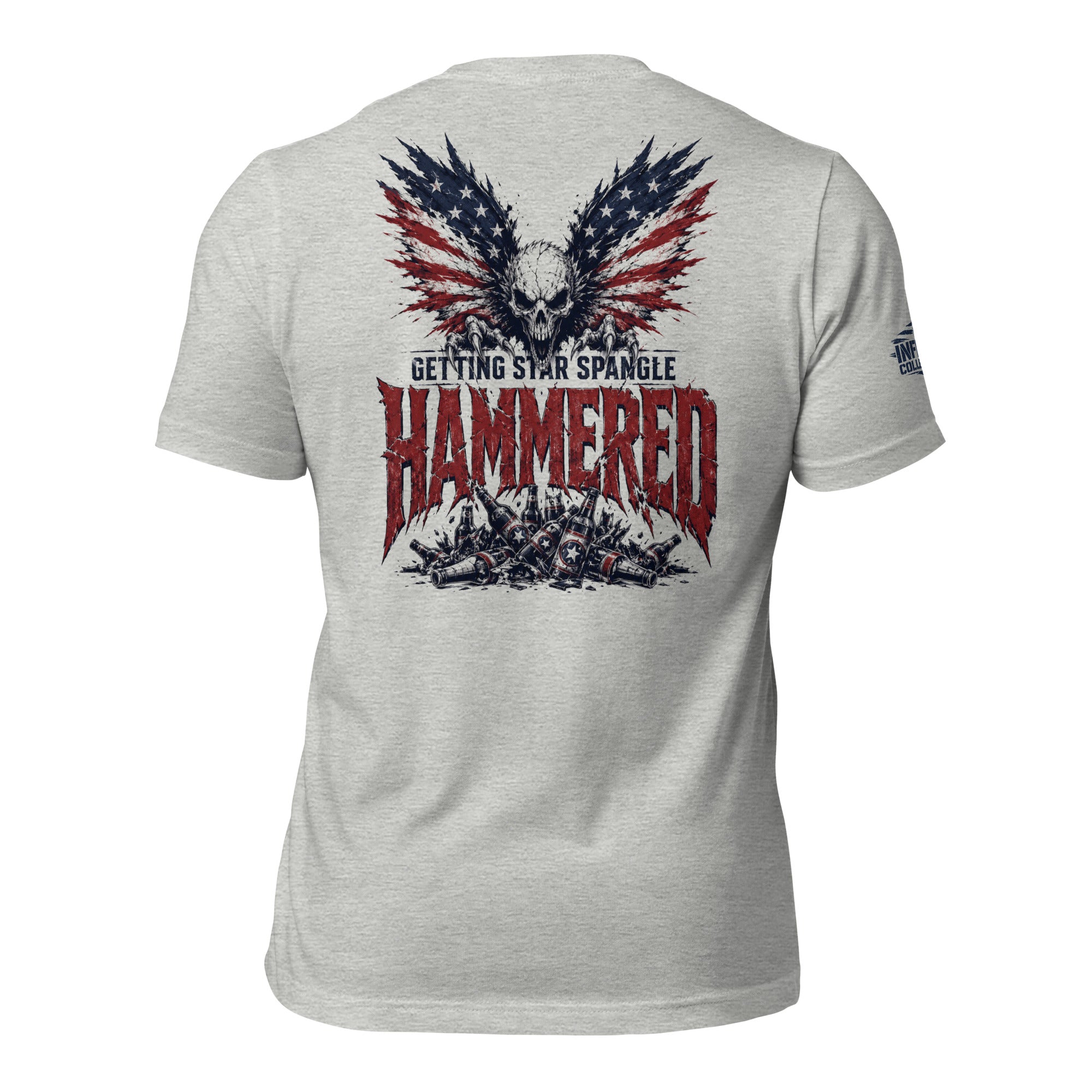 Getting Star Spangle Hammered back print graphic on athletic heather tee featuring a skull with American flag wings above a pile of beer bottles