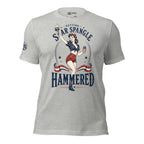 Getting Star Spangled Hammered front print graphic on athletic heather tee featuring a patriotic pin-up woman holding a torch and drink