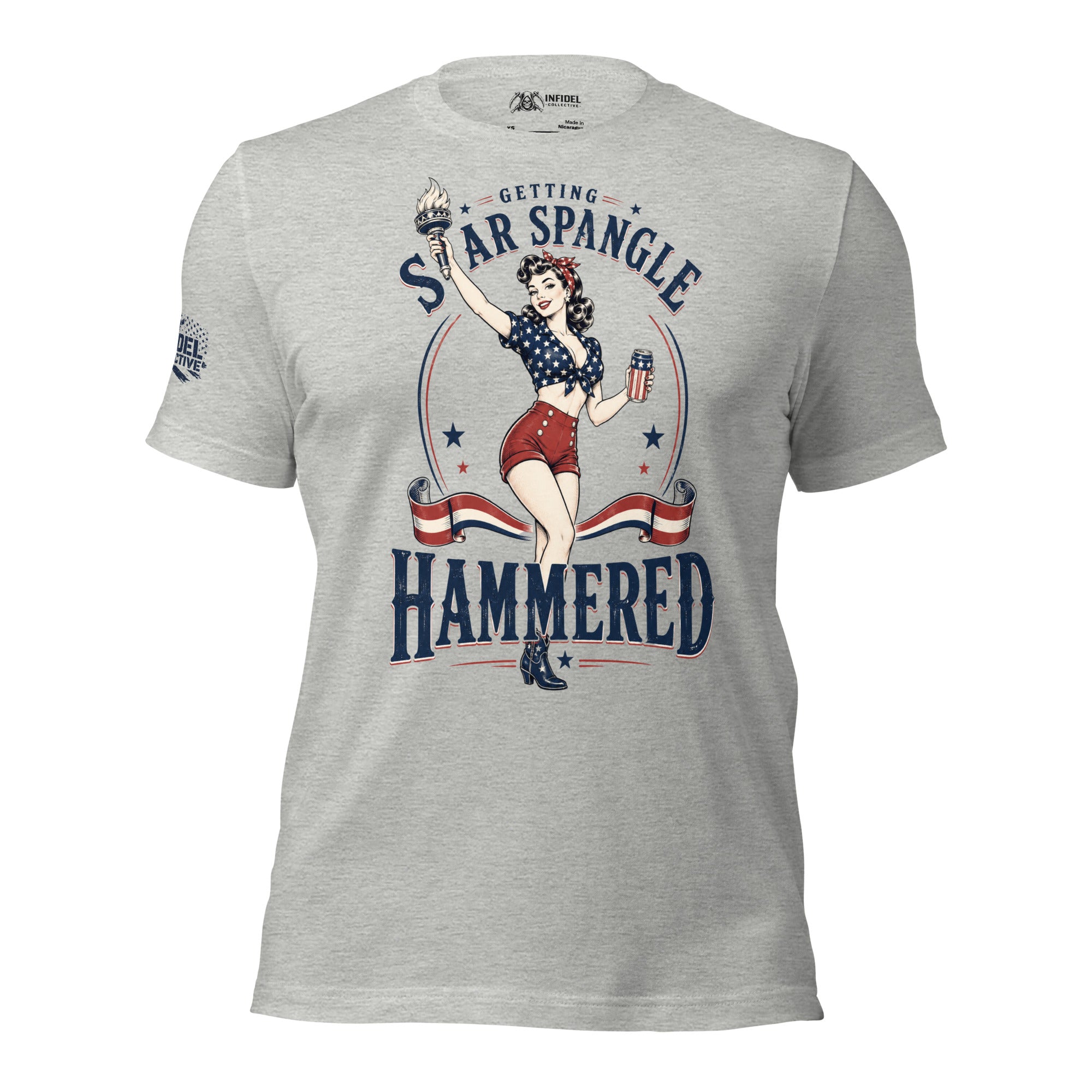 Getting Star Spangled Hammered front print graphic on athletic heather tee featuring a patriotic pin-up woman holding a torch and drink