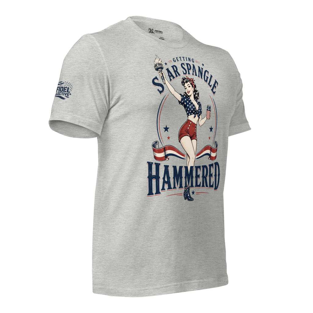 Getting Star Spangled Hammered front print graphic on athletic heather tee featuring a patriotic pin-up woman holding a torch and drink