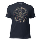 Heather navy tee with front print featuring a rattlesnake wrapped around crossed flintlock pistols and the text Give Me Liberty or Give Me Death 1776