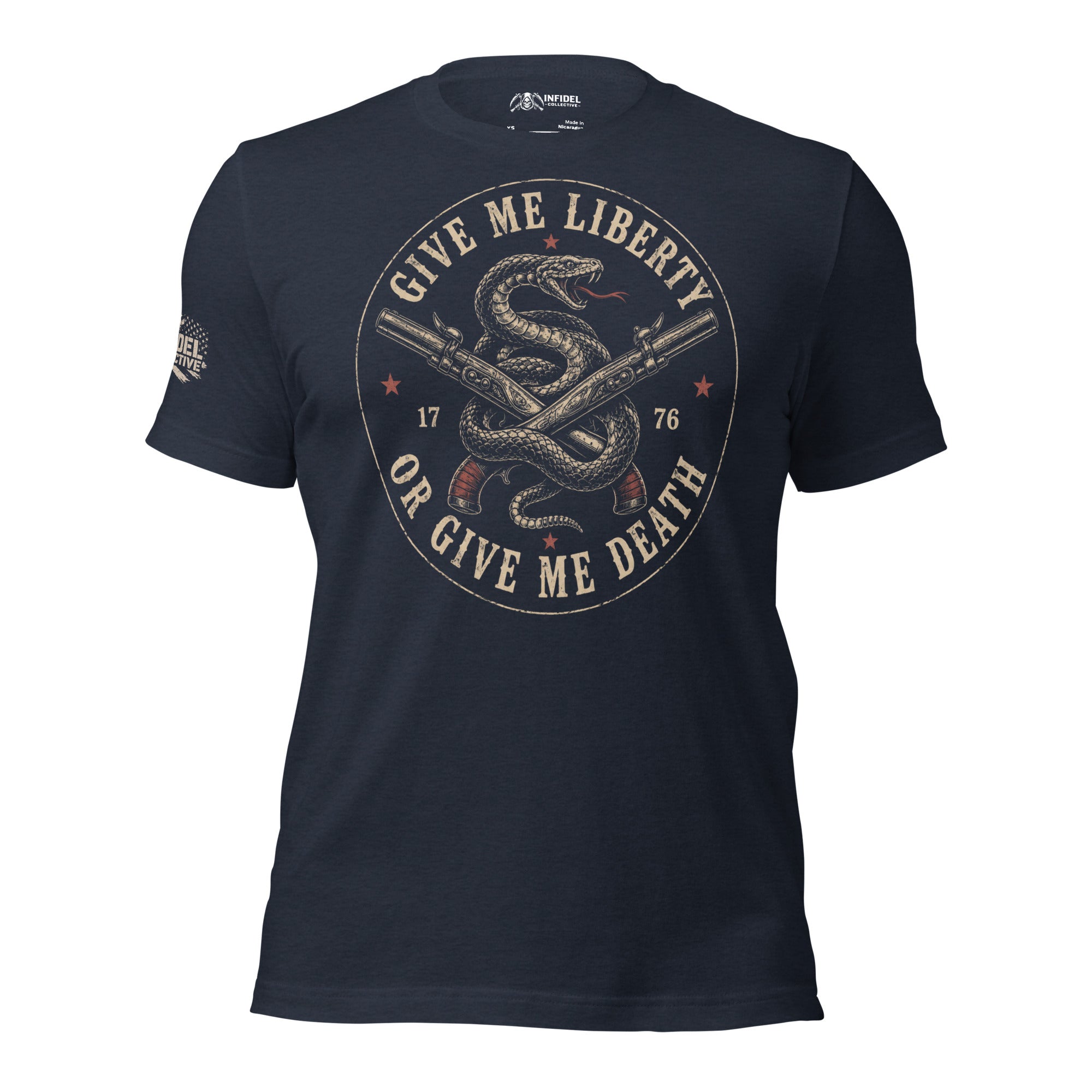 Heather navy tee with front print featuring a rattlesnake wrapped around crossed flintlock pistols and the text Give Me Liberty or Give Me Death 1776