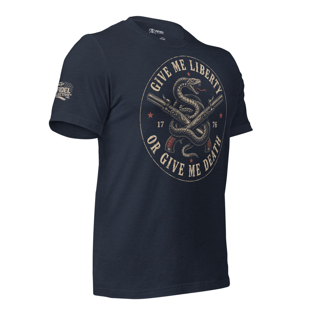 Heather navy tee with front print featuring a rattlesnake wrapped around crossed flintlock pistols and the text Give Me Liberty or Give Me Death 1776
