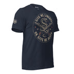 Heather navy tee with front print featuring a rattlesnake wrapped around crossed flintlock pistols and the text Give Me Liberty or Give Me Death 1776