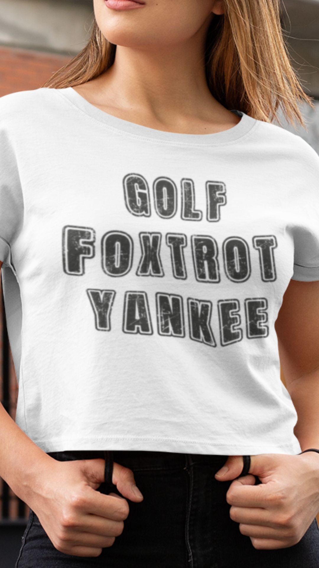 Crop Top  Crop Top NSFW – Golf Foxtrot Yankee Military Slang White Shirt Infidel Collective