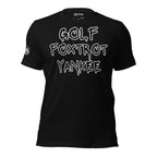 Black tee with Golf Foxtrot Yankee front print in white graffiti-style lettering