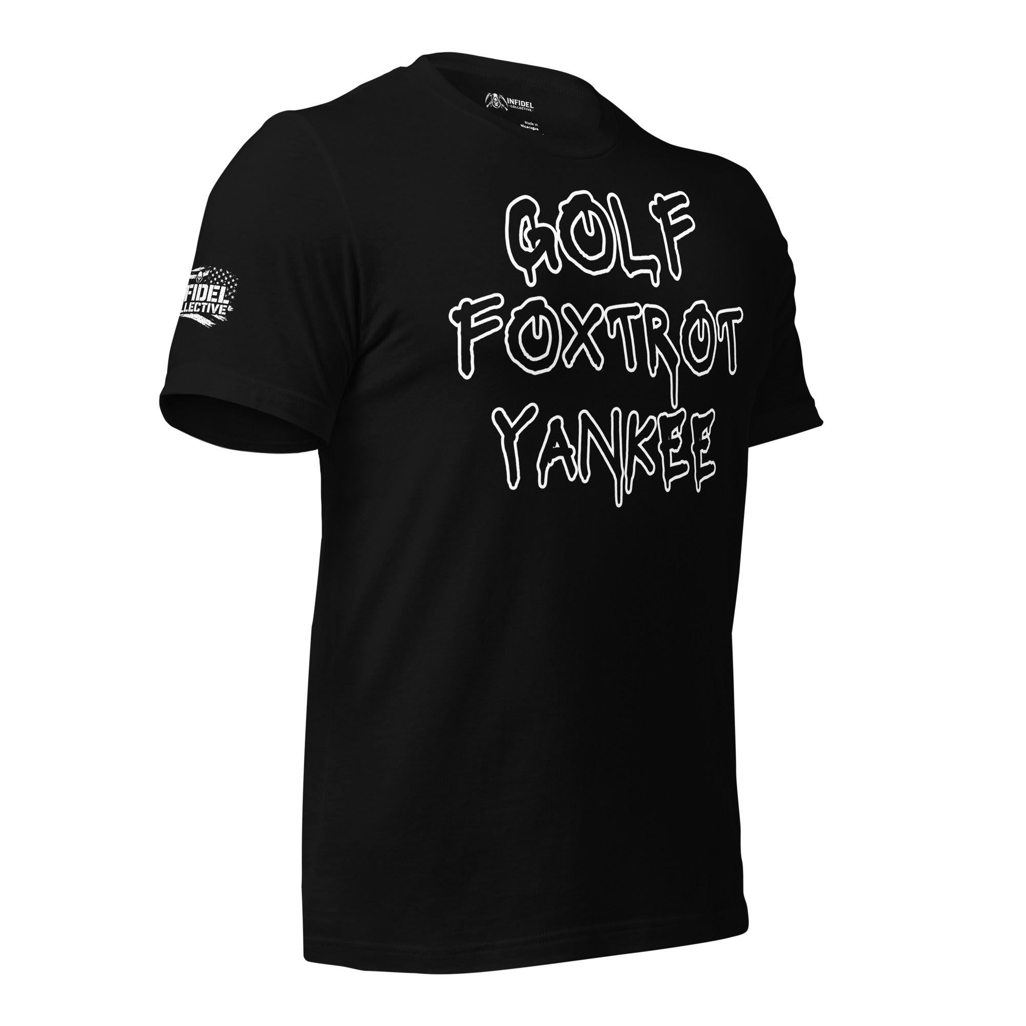 Black tee with Golf Foxtrot Yankee front print in white graffiti-style lettering