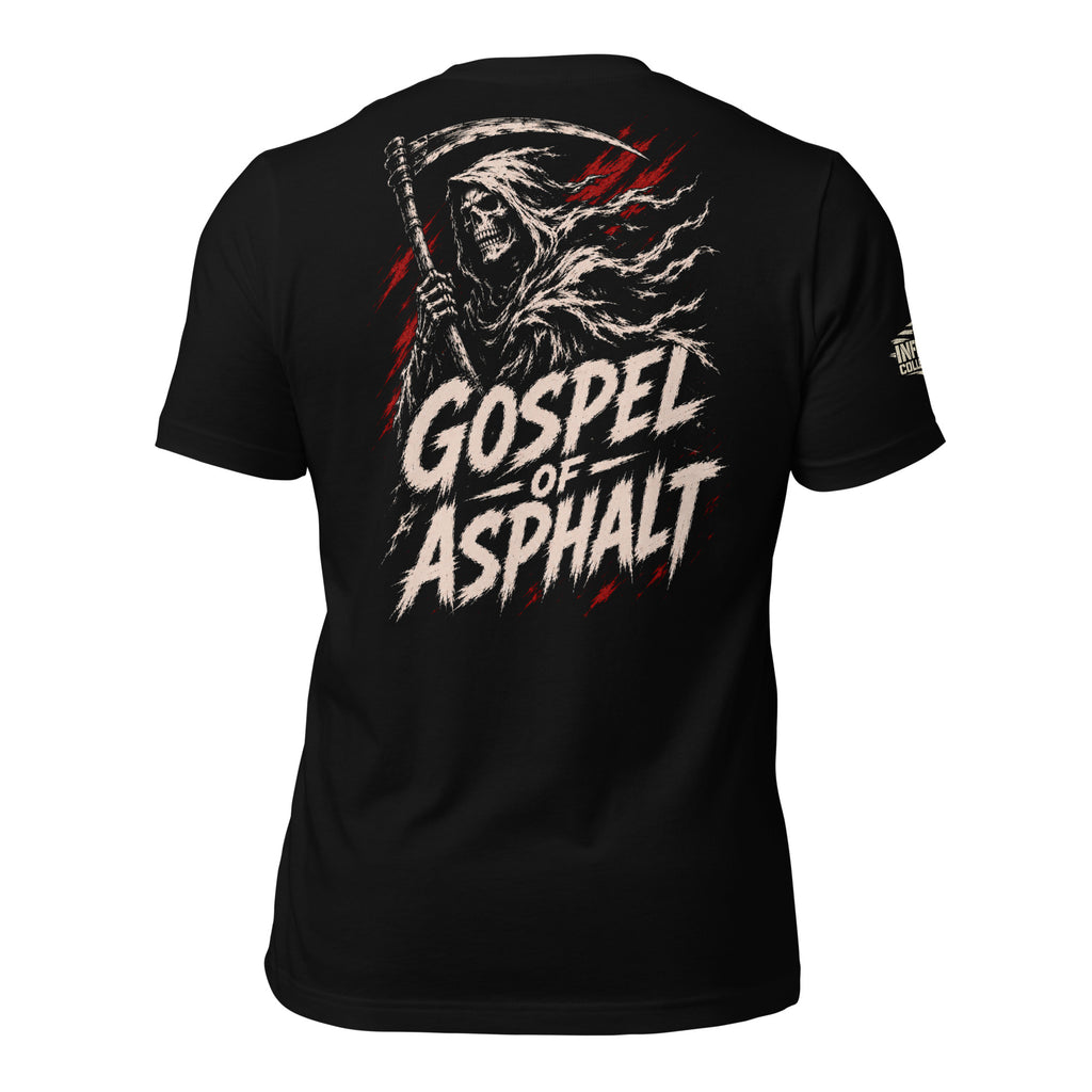 Gospel of Asphalt reaper back print black tee from Infidel Collective