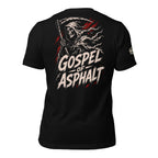 Gospel of Asphalt reaper back print black tee from Infidel Collective