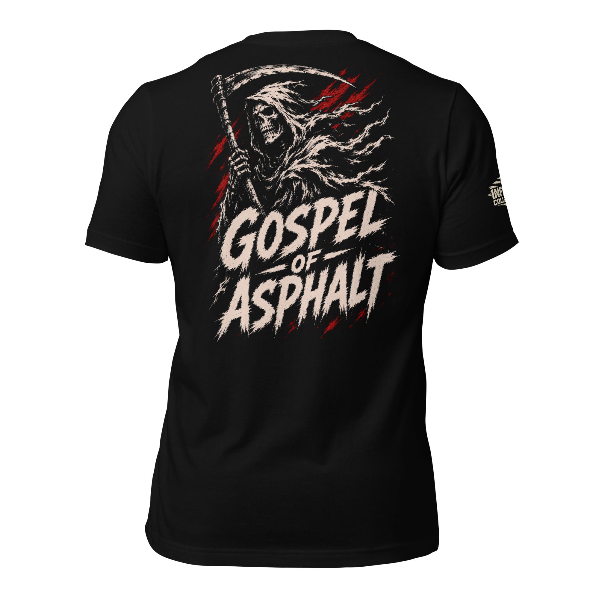 Gospel of Asphalt reaper back print black tee from Infidel Collective