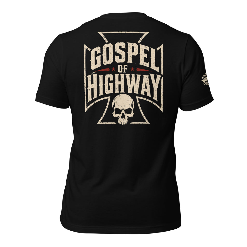 Gospel of the Highway cross back print black tee from Infidel Collective