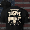 Gospel of the Highway iron cross and skull design back print black tee from Infidel Collective