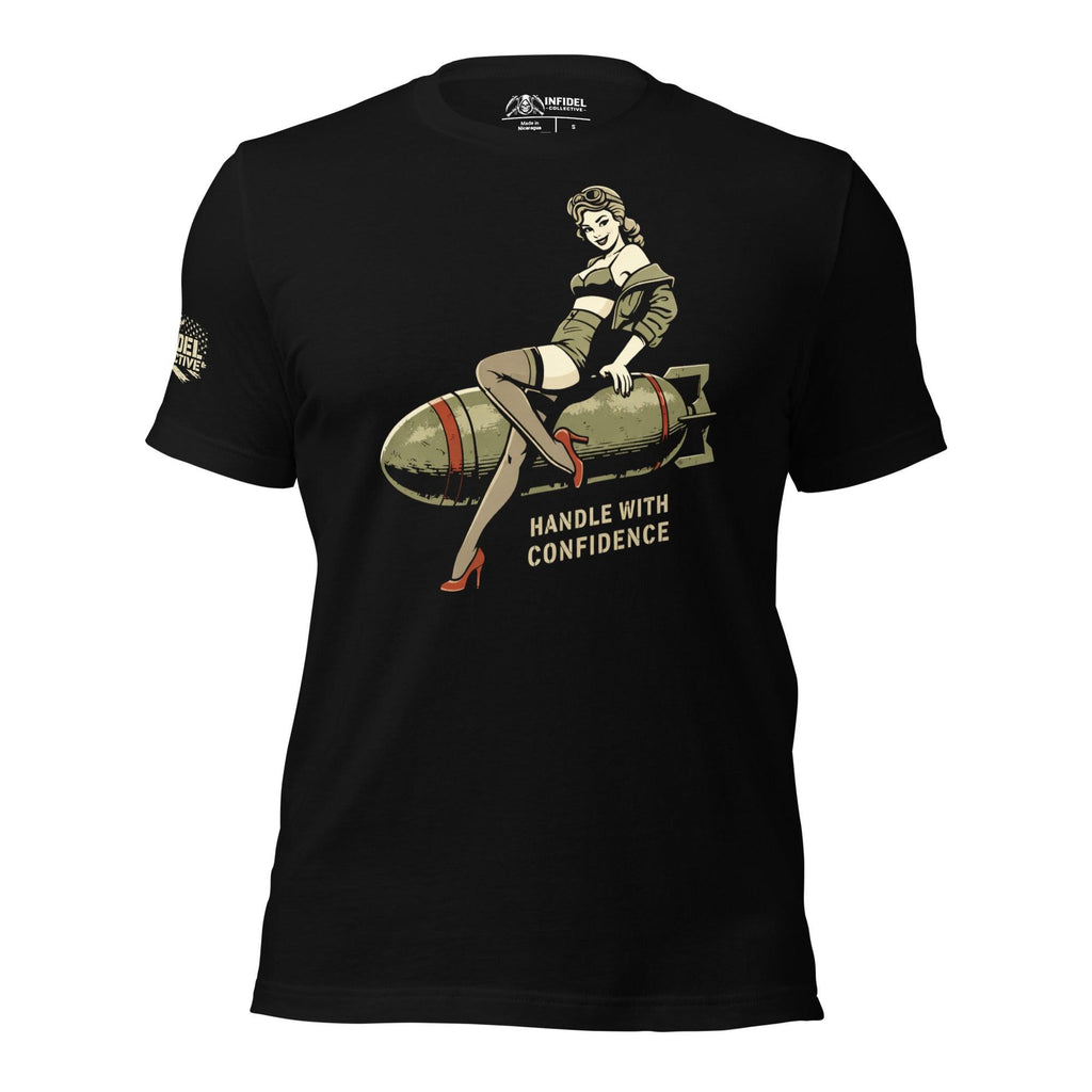 Handle with Confidence pinup women’s front print black tee from Infidel Collective