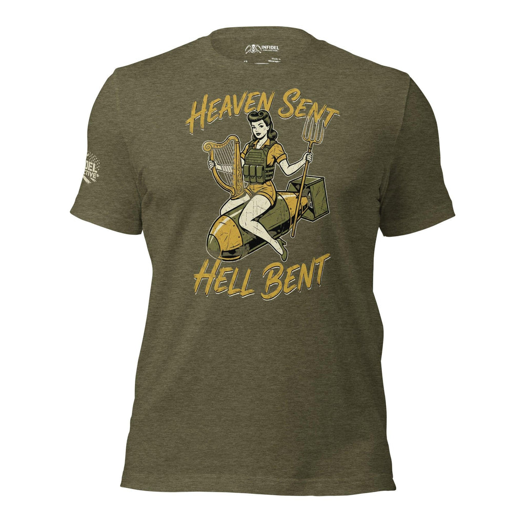 Heaven Sent Hell Bent back print tee with vintage pin-up woman sitting on a bomb holding a harp and pitchfork on olive green shirt