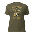 Heaven Sent Hell Bent back print tee with vintage pin-up woman sitting on a bomb holding a harp and pitchfork on olive green shirt