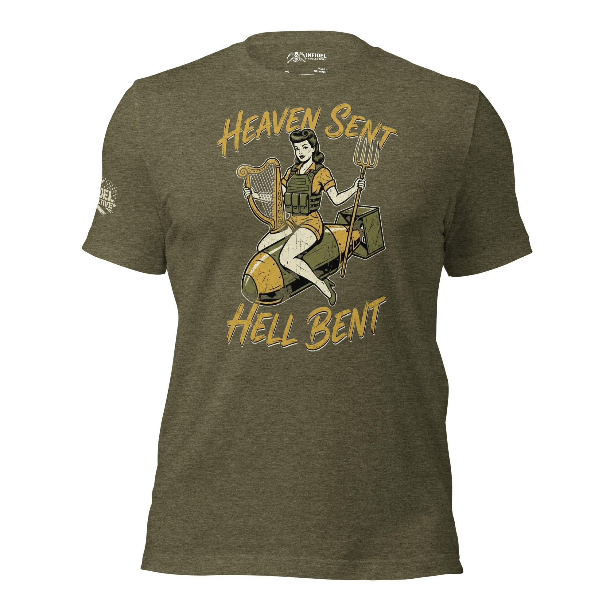 Heaven Sent Hell Bent back print tee with vintage pin-up woman sitting on a bomb holding a harp and pitchfork on olive green shirt
