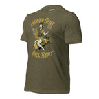 Heaven Sent Hell Bent back print tee with vintage pin-up woman sitting on a bomb holding a harp and pitchfork on olive green shirt