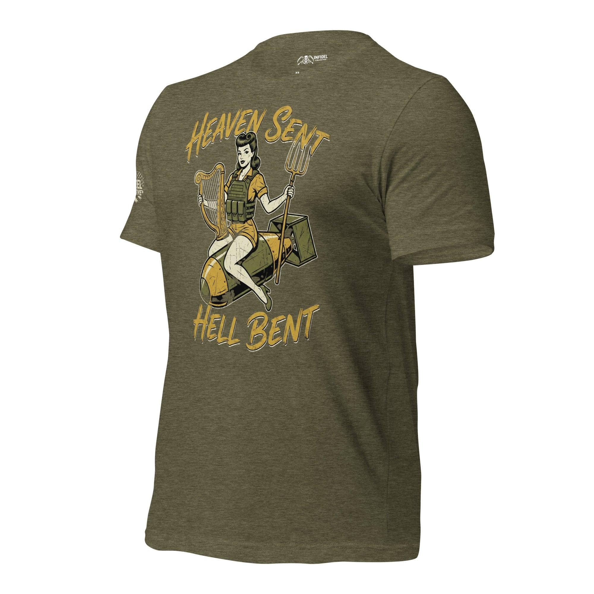 Heaven Sent Hell Bent back print tee with vintage pin-up woman sitting on a bomb holding a harp and pitchfork on olive green shirt