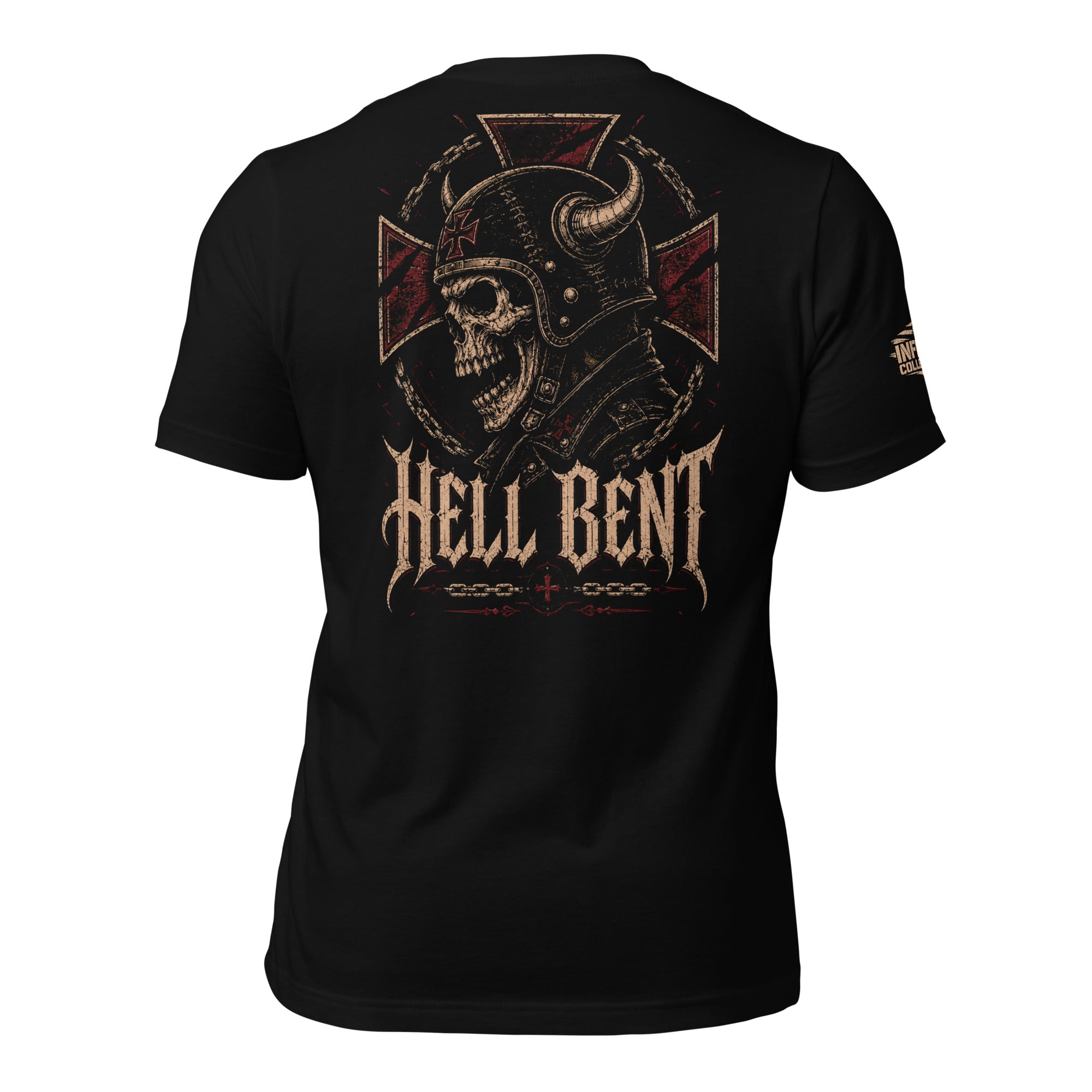 Hell Bent Biker skull back print black tee from Infidel Collective