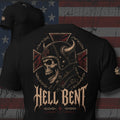 Hell Bent horned biker skull inside an iron cross design back print black tee from Infidel Collective