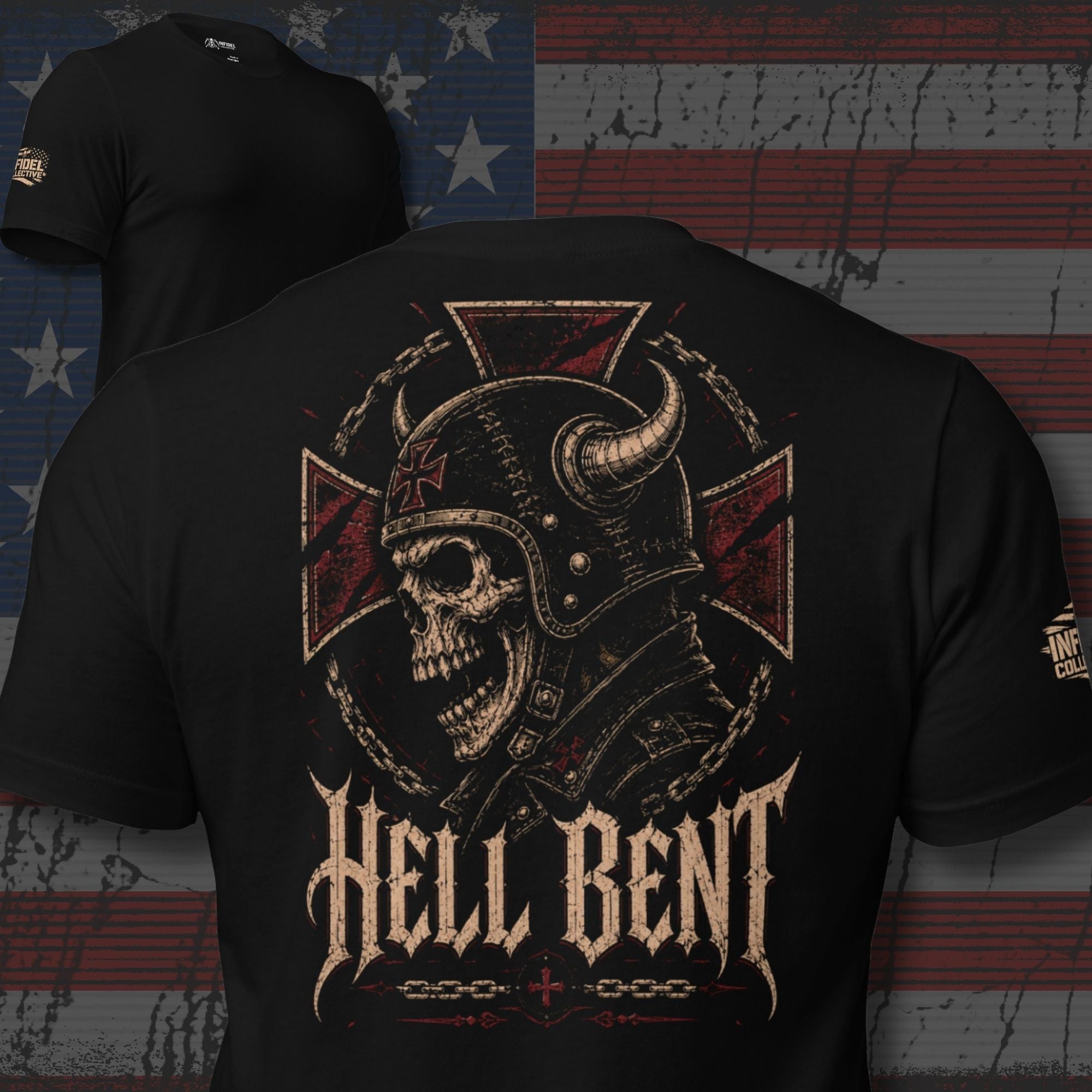 Hell Bent Biker skull back print black tee from Infidel Collective