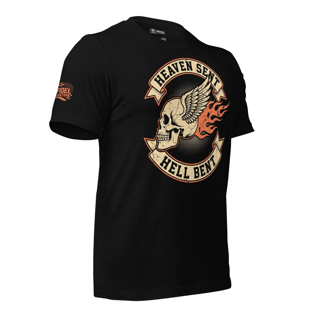 Hell Bent biker skull wing graphic black tee from Infidel Collective