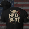 Hell Bent horned skull over an iron cross shield design back print black tee from Infidel Collective