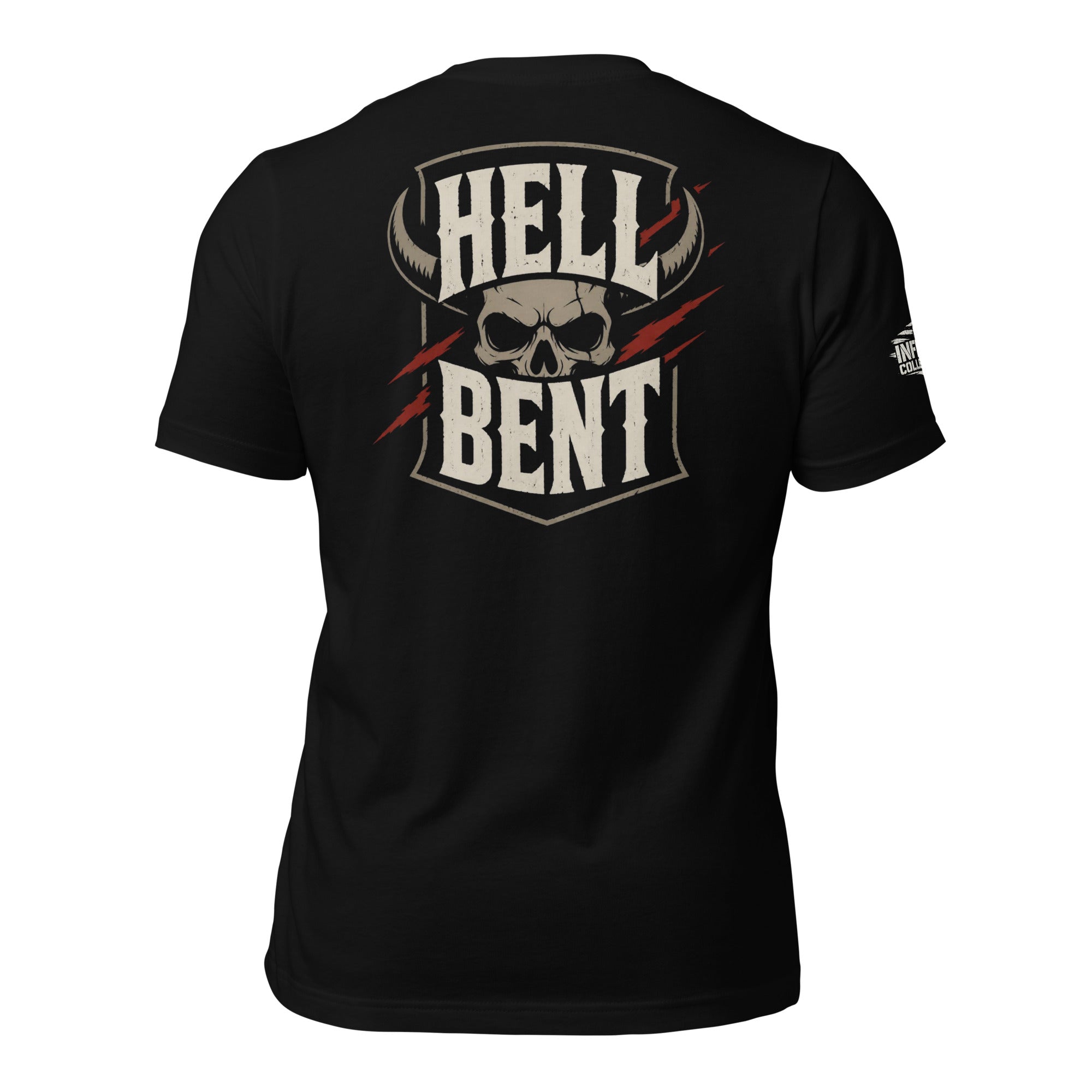 Hell Bent skull shield back print black tee from Infidel Collective